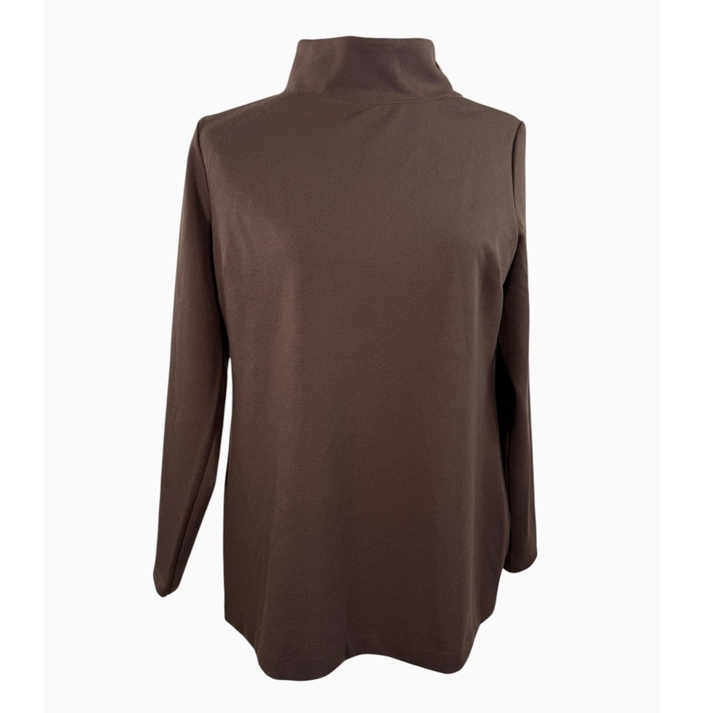 Talbots Petite MP Brown Mock Neck Gold Zip Shoulder Long Sleeve Tunic Top
